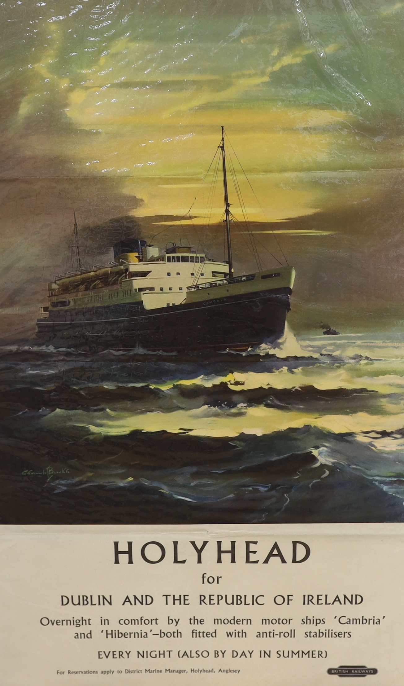 Claude Buckle (1905-1973), lithographic poster for British Railways, 'Holyhead for Dublin and the Republic of Ireland', 101.5 x 63cm, unframed